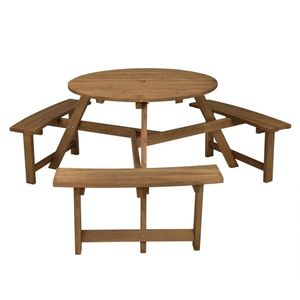 Mesa de picnic redonda de madera para 6 personas con agujero para paraguas y 3 bancos integrados para juegos de jardín - Product Image 1