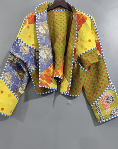 Chaqueta Reversible de Algodón con Parches, Tejida a Mano, Transpirable, Acolchada Kantha, para Mujer, Otoño-Invierno, Manga Corta - Product Image 4