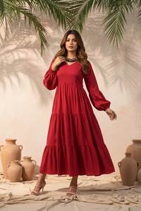 Robe évasée en soie rouge fantaisie, col en V, manches bouffantes, longueur normale, entièrement cousue, couleur unie, élégante, pour soirée occidentale - Product Image 3