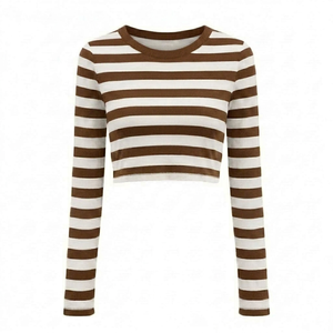 Camiseta corta personalizada para mujer, de alta calidad, transpirable, de poliéster, con rayas blancas y marrones, ropa informal, venta al por mayor. - Product Image 1