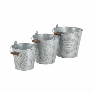 Vintage Farmhouse Galvanized Metal <b>Bucket</b> Set of 3 Embossed Decorative <b>Tin</b> Pail with Wooden Handle for Home Garden Use - Product Image 1