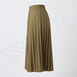 <b>Women's</b> High Waist Elastic Pleated Midi Skirt Solid <b>Khaki</b> A-Line Long Skirt - Product Image 3