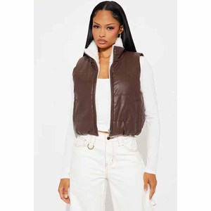 Women's <b>Brown</b> Faux <b>Leather</b> Quilted Vest With Faux Fur Lining Stand Collar Zipper Closure Winter <b>Jacket</b> - Product Image 3