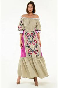 Último nuevo diseño floral impreso fuera del hombro algodón largo Maxi vestido desgaste del partido vestido para recuerdo de fiesta de verano - Product Image 3