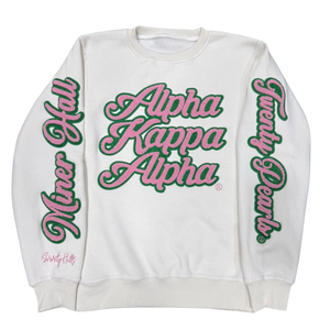 White Crew Neck Sweatshirt with Pink and Green Alpha Kapa Alpha Embroidery Long Sleeve <b>Pullover</b> <b>Womens</b> Casual Fashion Top Soft - Product Image 1