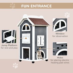 Casetta per Gatti a 3 Piani in Legno 43H, Condo per Gattini da Esterno, Motivo Grigio e Bianco, Tetto in Asfalto Rettangolare, Porte di Fuga, Scale, Grande Villa - Product Image 5