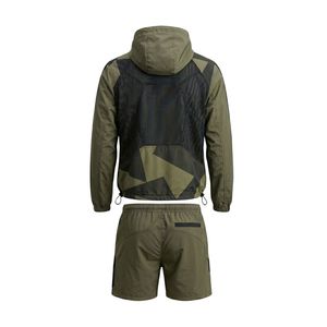 Breathable Sublimation Printing Windbreaker Olive Dark Green Geometric <b>Camo</b> Pattern Hooded <b>Jacket</b> And Shorts Sets - Product Image 3