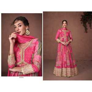 VESTIDO DE FIESTA ESTAMPADO DE ORGANZA BORDADO EN SEDA TRABAJO SOLO VESTIDO ROSA - Product Image 1