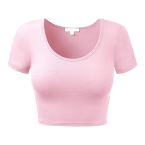 Haut court tricoté rose pour femme, col rond, manches courtes, en coton élasthanne, coupe ajustée, couleur unie, décontracté, respirant, printemps-été - Product Image 6