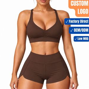 Conjunto de Shorts y Sujetador Deportivo de Cintura Alta Elástico y Transpirable para Mujer, con Logotipo Personalizado, Diseño de Dos Tonos y Cuello en V - Product Image 1