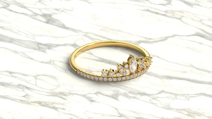 Trendy 14K Solid Gold Princess Crown <b>Ring</b> Marquise Diamond and Round Diamond Tiara <b>Ring</b> Curved <b>Stacking</b> Band Fine Jewelry Women - Product Image 3