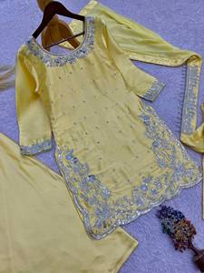 Ensemble Salwar Kameez traditionnel indien jaune 3 pièces en soie brodée avec dupatta, prêt-à-porter, séchage rapide, tenue de fête pour femme - Product Image 6