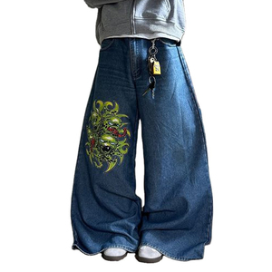 Wide Leg Denim Jeans Men Streetwear Embroidered Alien Print High Waist Loose Fit Stonewashed Cotton <b>Spring</b> Style - Product Image 1