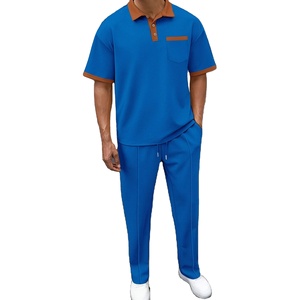 2025 été nouveaux hommes couleur unie col gaufré décontracté poche polo à manches courtes pantalon costume - Product Image 5