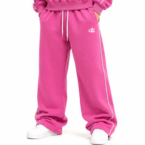 Conjunto de sudadera oversize de cuello simulado de moda, con apliques de tela de sarga personalizados, joggers holgados y sudaderas con capucha de forro polar rosa de alto gramaje con ribetes. - Product Image 5