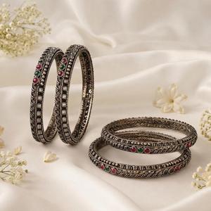 JeweleMarket Oxidised Plated <b>Silver</b> Freshwater <b>Pearl</b> Crystal Rhinestone Ethnic Bangles Set Women Wedding Engagement Party Gift - Product Image 3