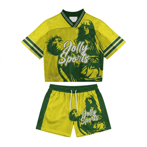 Ensemble short et maillot pour homme en mesh polyester respirant GSM premium, jaune et vert avec empiècements latéraux, logo personnalisé par sublimation. - Product Image 1