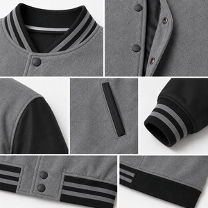 Blouson universitaire unisexe en laine coupe-vent pour l'hiver, col montant, fermeture à boutons-pression, bordure côtelée, production en gros personnalisée, coque en polyester - Product Image 5