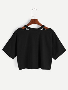 Latest Design Custom Rose Embroidery Patch Crop <b>Top</b> women's shirt Custom Logo Breathable V-Neck Crew Women Crop Tee Short Sleeve - Product Image 4