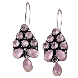Boucles d'oreilles pendantes bohèmes ethniques tribales en laiton, quartz rose et œil de chat, plaqué argent antique, faites à la main, bijoux fantaisie pour femme - Product Image 1