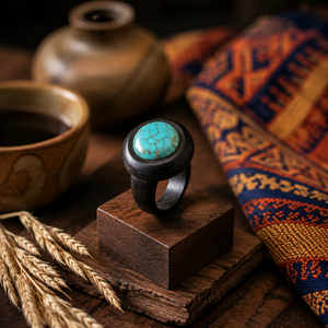 Authentic Handmade Ebony Turquoise Vintage Unisex <b>Ring</b> Solid Pau Preto Wood <b>Craft</b> Unique Artisanal Ornament for Gift Daily - Product Image 2