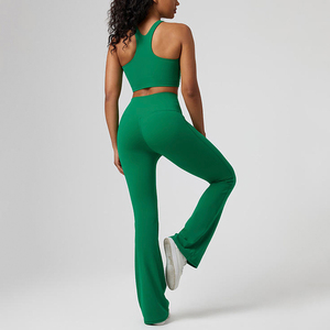 Conjunto de Yoga de 2 Piezas sin Costuras, Top Corto y Leggings de Cintura Alta, Color Sólido, Espalda Cruzada, Sin Mangas, Tela Elástica - Product Image 2