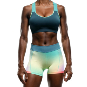 2 Piece Yoga Set High Waist Shorts Scoop Neck Racerback <b>Crop</b> <b>Top</b> Gradient Color Seamless Breathable Mesh Detailing - Product Image 1