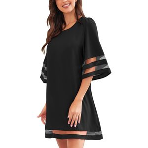 2025 vestido túnica informal elegante para mujer cuello redondo 3/4 manga de campana aberturas ganchillo suelto malla Panel linterna estilo hueco - Product Image 1