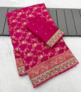 Sari de Khaddi Puro con Bordado Zari en Plata y Oro, Borde Festoneado, Borde Kanchi, Blusa Butti de Dos Tonos, Colección Nupcial - Product Image 6