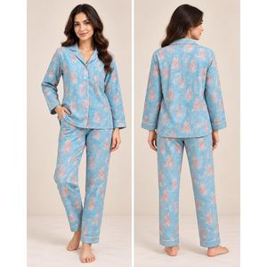 Ensemble de pyjama pour femmes en coton 100% avec imprimé étoiles, vêtements de nuit doux et respirants en tricot, taille élastique, deux pièces, vêtements de détente - Product Image 4