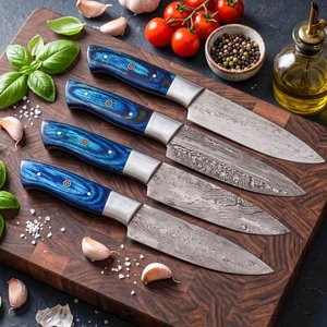 Juego de Cuchillos de Chef de Acero de Damasco Hechos a Mano, 4 Piezas, Mango de Madera con Funda de Cuero, Cuchillos Utilitarios para Supervivencia y Camping - Product Image 1