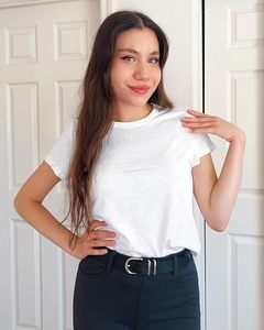 T-shirt pour femme, manches courtes, col en V, coupe classique, couleur unie, style décontracté, 100% coton, jersey respirant, écologique - Product Image 3