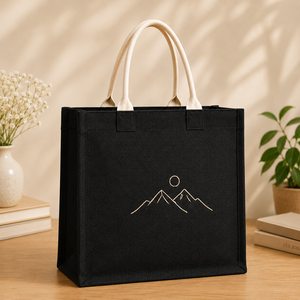 Jute Shopping <b>Bag</b> Black Mountain Design Top Handle <b>Medium</b> <b>Size</b> Daily Use - Product Image 1