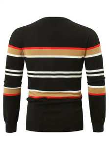 เสื้อสเวตเตอร์ถักลายทางสำหรับผู้ชาย คอกลม ทรงเข้ารูป สีดำ แดง น้ำตาล ลายทางแนวนอน เสื้อกันหนาวอุ่นๆ สำหรับฤดูหนาว เสื้อถักสำหรับผู้ชาย - Product Image 2