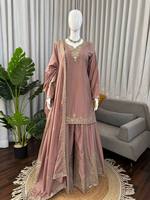Ensemble Sharara en soie rose, Kurti brodé avec des sequins, Dupatta, Salwar Kameez, tenue pour mariage, fête, femmes