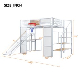 White <b>Full</b> Size Loft <b>Bed</b> with Built-in Desk Open Wardrobe Basketball Hoop Slide & Staircase-Kids' Furniture <b>Set</b> with 3.14 ETA - Product Image 4