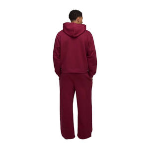 Ensemble survêtement homme bordeaux uni avec sweat à capuche zippé oversize et pantalon large assorti – Vêtements OEM ODM en gros - Product Image 2