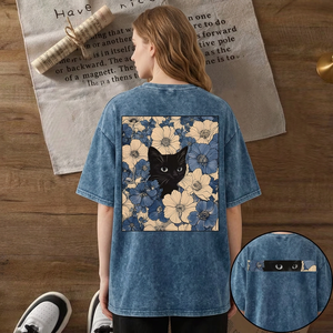 T-shirt en tricot unisexe à motif floral chat bleu délavé, col rond, épaules tombantes, manches courtes, coupe ample, 100 % coton, été - Product Image 3