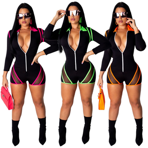 Combinaison moulante sexy pour femme à taille haute et manches longues avec fermeture éclair, color block, en Spandex et Polyester, idéale pour les soirées - Product Image 1