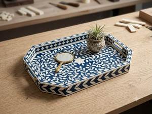 Bandeja Cuadrada de Lujo con Incrustaciones de Hueso Azul y Blanco, Arte Floral Clásico, Bordes Elevados, Hecha a Mano, Duradera, para Servir Comida, Regalos y Uso Doméstico - Product Image 5