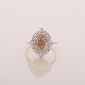 IGI Certified Oval Yellow Diamond Halo Engagement & Wedding <b>Ring</b> with Accent Diamonds in 14K Rose / White & Yellow Gold - Product Image 1