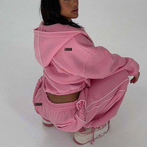 Ensemble de survêtement 2 pièces pour femme, rose, avec sweat à capuche zippé et pantalon de jogging, coupe ample, manches longues, couleur unie, décontracté, pour l'automne - Product Image 4