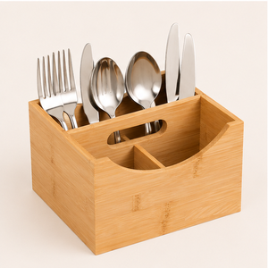 Eco-Friendly Cutlery Holder With 3 Compartments Natural Wooden Utensil <b>Caddy</b> & Silverware Organizer For <b>Kitchen</b> Countertop - Product Image 2