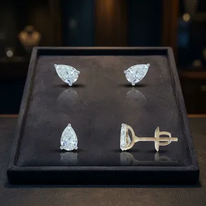 Boucles d'oreilles clous en or rose 14 carats avec diamant de laboratoire taille poire et halo, 0,94 ct EF VVS-VS, bijoux de luxe pour fiançailles et anniversaire, pour femme - Product Image 4