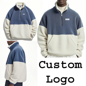 <b>Men's</b> Color Block Fleece <b>Half</b> <b>Zip</b> Sweatshirt Stand Collar Oversized Casual Winter Sherpa Fleece <b>Jacket</b> Blue White - Product Image 5