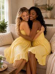 Women Bohemian Yellow Striped Strapless Summer <b>Dress</b> Shoulder Smocked Midi Sundress Casual Beach <b>Ruffle</b> Holiday 100% Cotton - Product Image 4