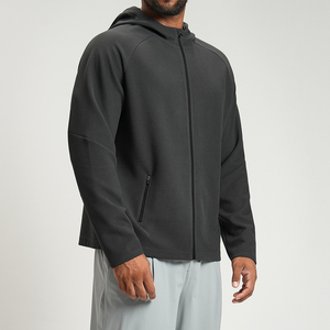 Sudadera con Capucha Negra para Hombre, Cierre de Cremallera, Corte Regular, Tejido de Poliéster Transpirable, Informal, Color Sólido, Logotipo Frontal, Ropa de Otoño - Product Image 3