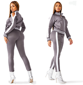 Ropa de gimnasio para mujer, con cremallera frontal, cuello acanalado y puño, trajes de pista a rayas laterales, trajes para correr ajustados con cremallera para el sudor - Product Image 5