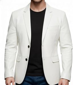 <b>Men's</b> <b>White</b> Slim Fit Winter High Street Cowhide Leather <b>Blazer</b> Turn-down Collar Smart Casual Jacket Regular Length Zipper - Product Image 3