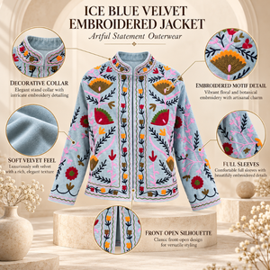 Veste en velours bleu glace brodée de fleurs pour femmes |   Vêtement d'extérieur ethnique bohème avec manches longues et col décoratif - Product Image 5